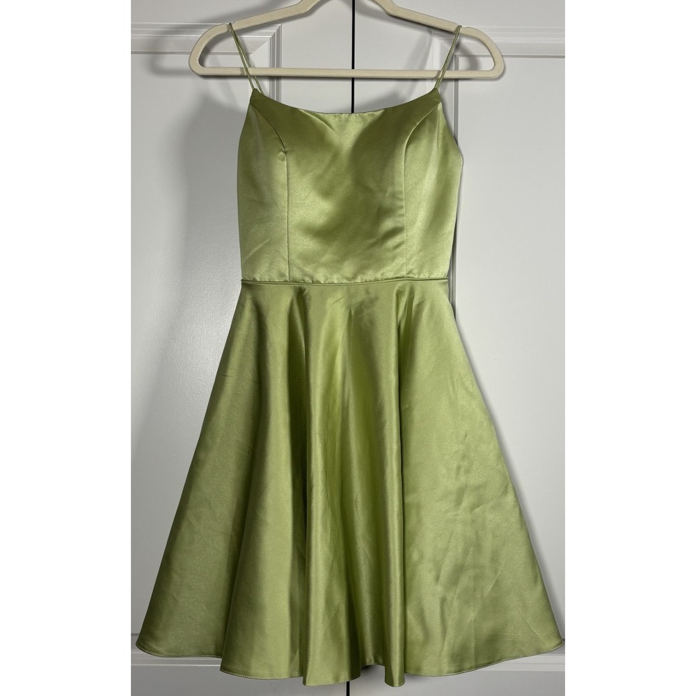 Stacees Womens Satin A-Line Homecoming Dress Green Scoop Neck Cocktail Party XS